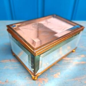 Glass Music Box with Lid Mirror Etched Floral Design Plays Fur Elise Beethoven